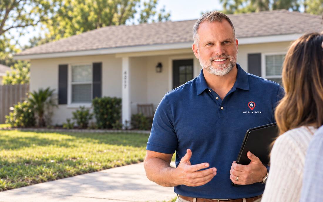 Chad Lindsey of We Buy Polk speaking with homeowners outside a Polk County home