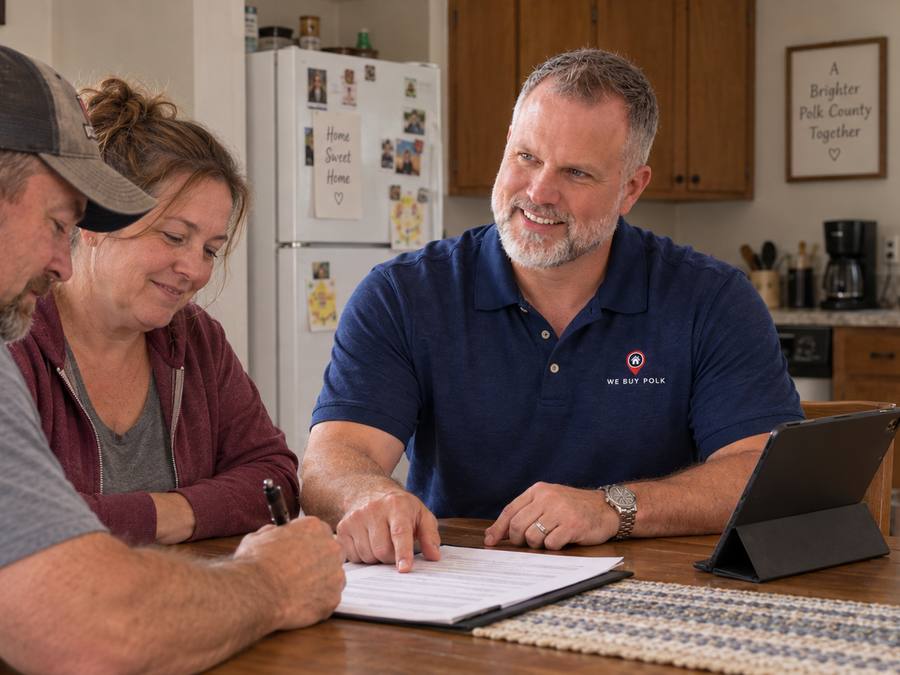 Chad Lindsey reviewing paperwork with homeowners at their kitchen table